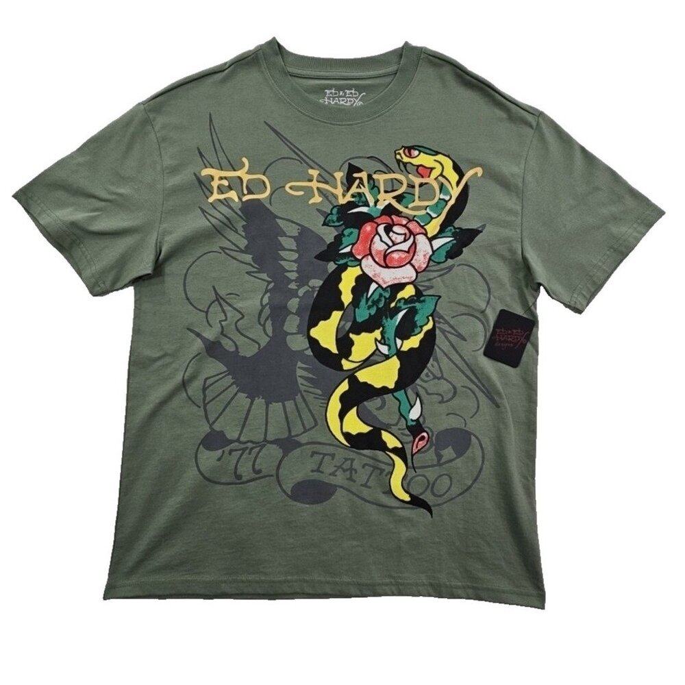 Ed Hardy Tee T-Shirt Men's‎ M Olive Green NWT Snake Roses Short Sleeve Streetart